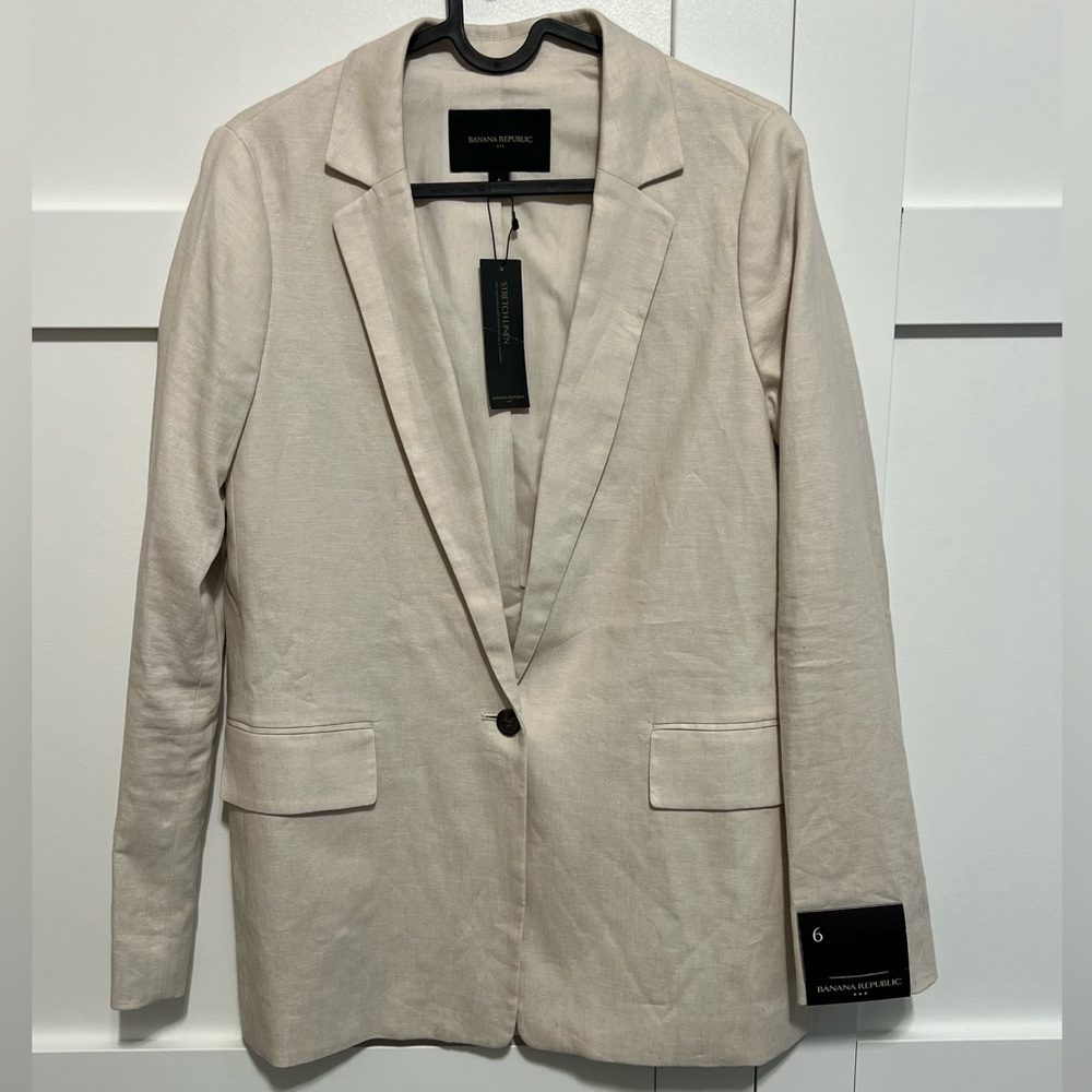 NWT Banana Republic Women's One Button Beige Linen Jacket Blazer Size 6 Lined